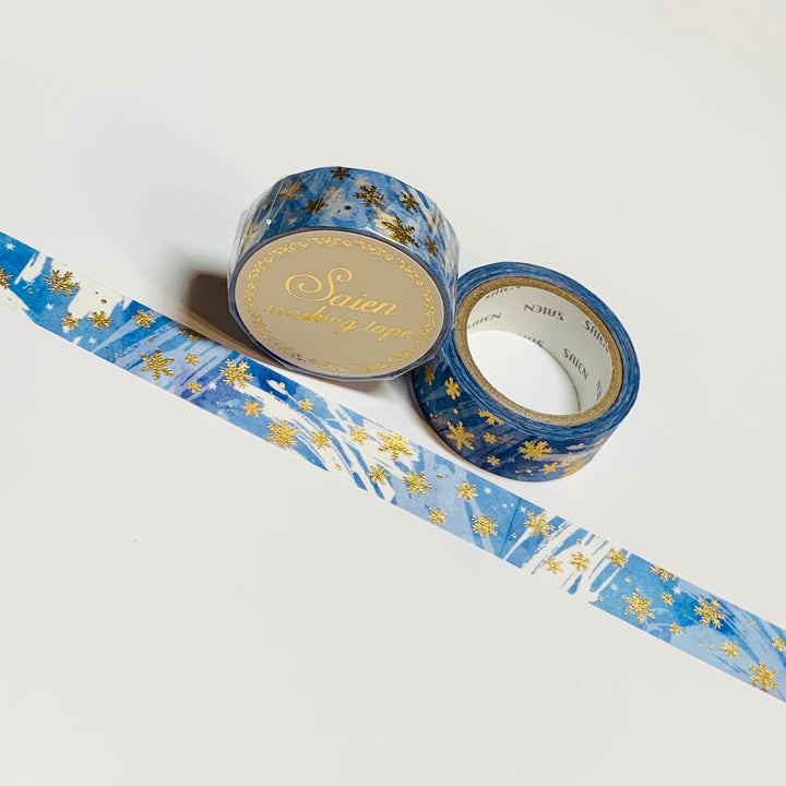 BLUE BLIZZARD SNOWFLAKES Gold Foil Saien Masking Washi Tape ~ 1 Roll ~ 15mm x 7m (23 Feet)