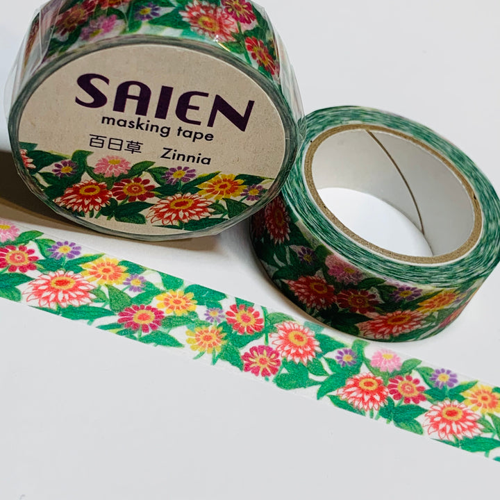 COLORFUL ZINNIAS FLORAL Saien Masking Washi Tape ~ 1 Roll ~ 15mm x 10m (33 Feet)