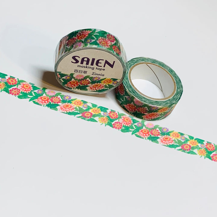 COLORFUL ZINNIAS FLORAL Saien Masking Washi Tape ~ 1 Roll ~ 15mm x 10m (33 Feet)