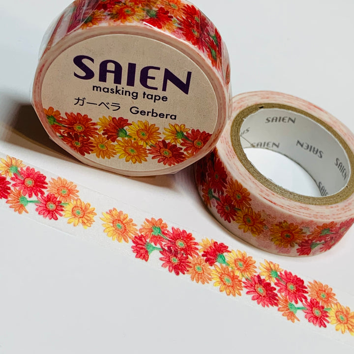 GERBERA DAISIES FLORAL Saien Masking Washi Tape ~ 1 Roll ~ 15mm x 10m (33 Feet)