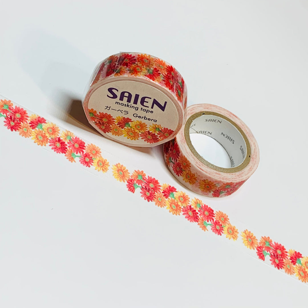 GERBERA DAISIES FLORAL Saien Masking Washi Tape ~ 1 Roll ~ 15mm x 10m (33 Feet)