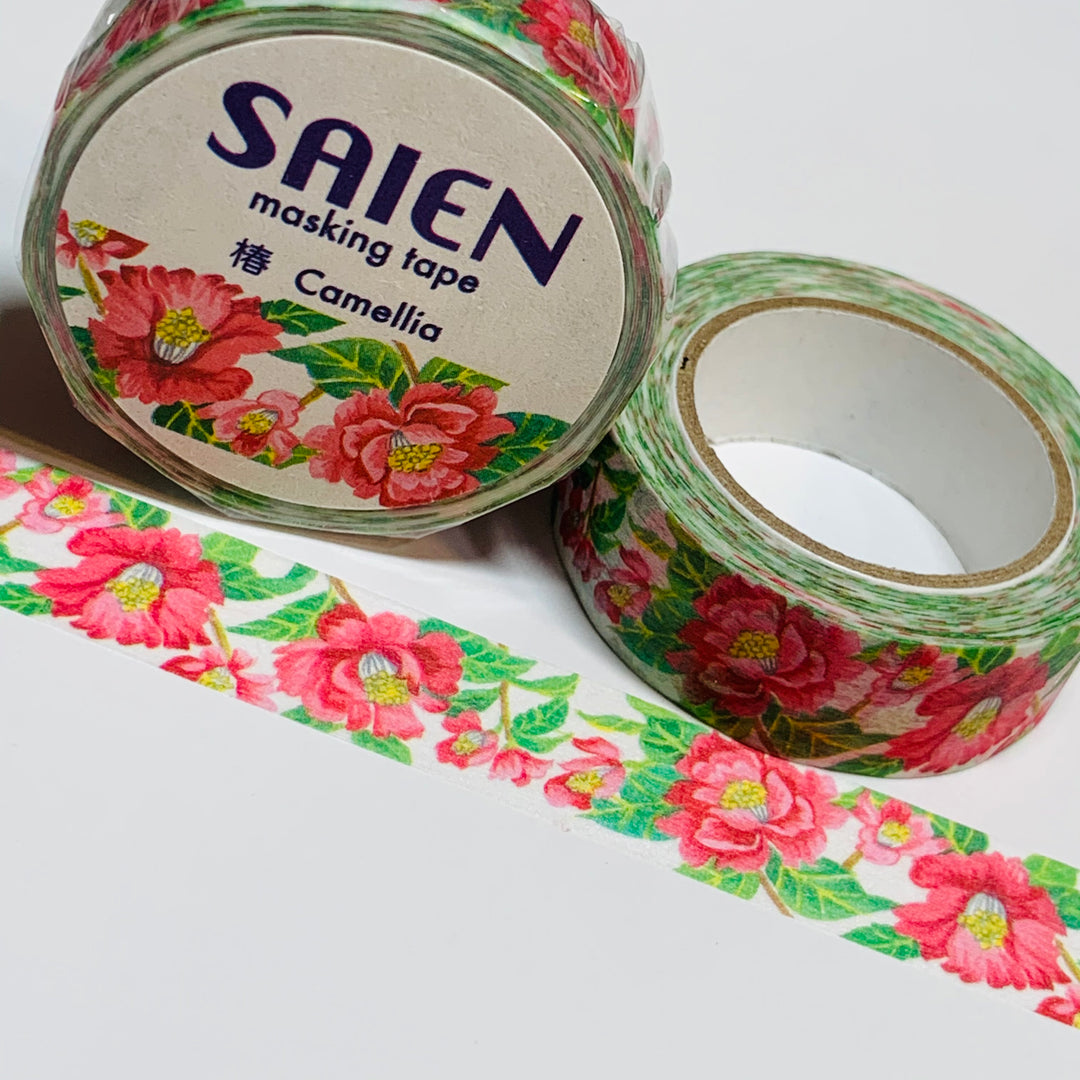 PINK CAMELLIA FLOWERS Saien Masking Washi Tape ~ 1 Roll ~ 15mm x 10m (33 Feet)