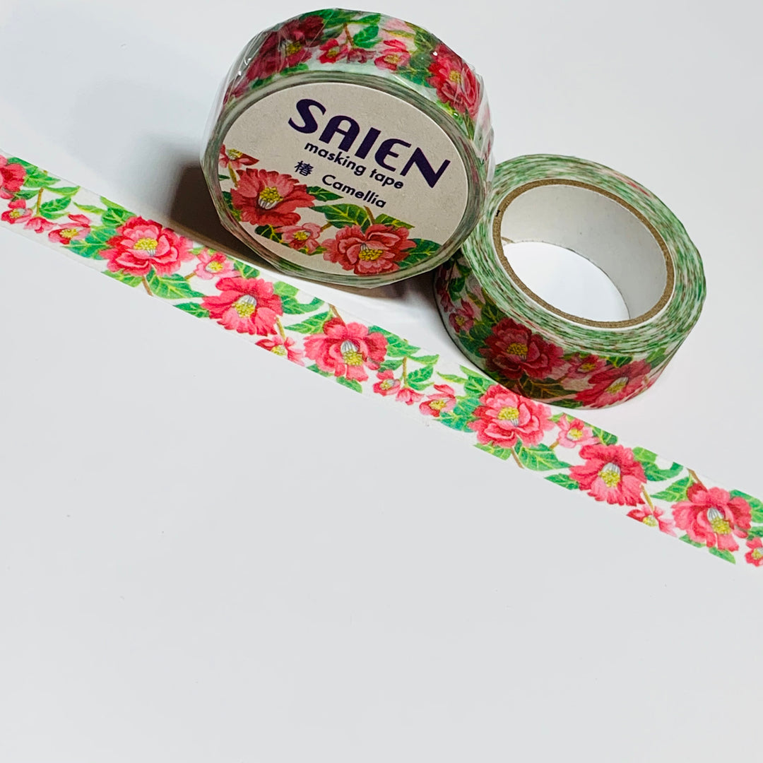 PINK CAMELLIA FLOWERS Saien Masking Washi Tape ~ 1 Roll ~ 15mm x 10m (33 Feet)