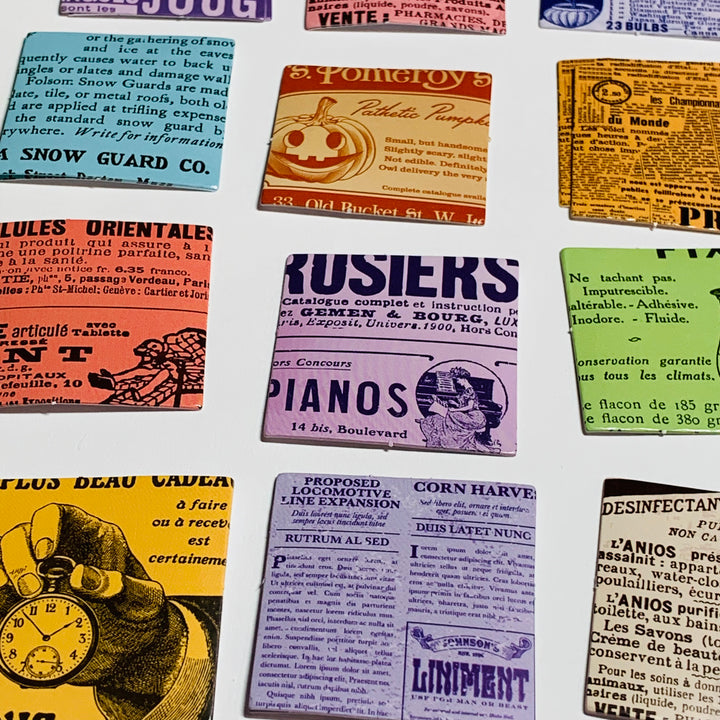 VINTAGE NEWPAPER ADVERTISEMENTS Peelable Stickers  ~ 46 Pieces ~ 38mm Each