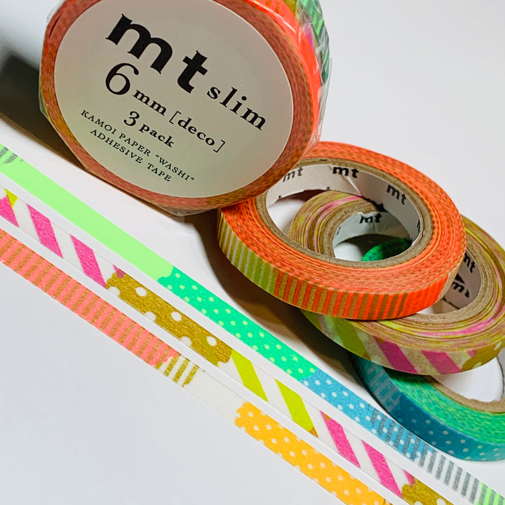 NEON PATCHWORK COLLAGE Tri-Color Mt Washi Tape ~ 3 Rolls ~ 6mm x 10m (33 Feet) Each