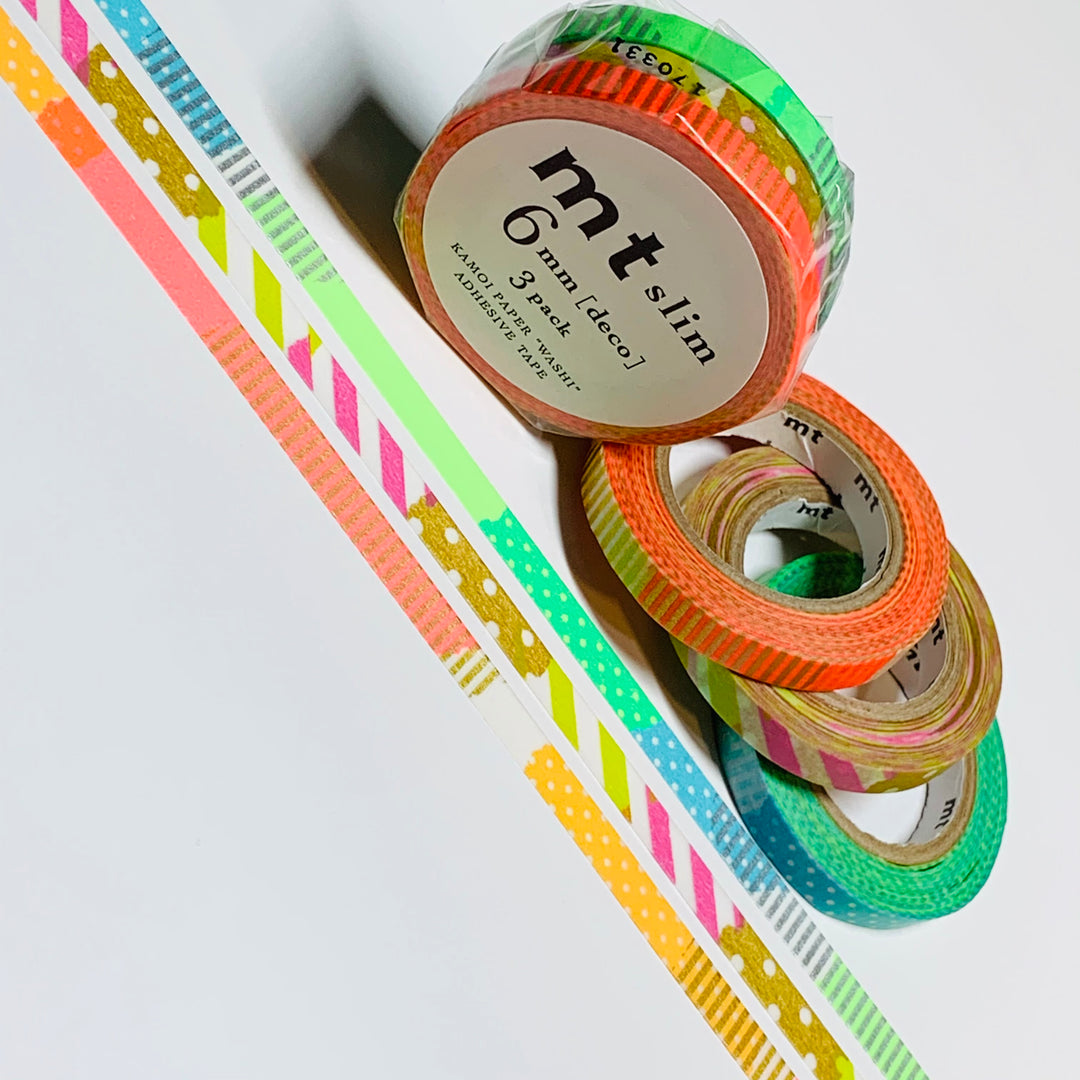 NEON PATCHWORK COLLAGE Tri-Color Mt Washi Tape ~ 3 Rolls ~ 6mm x 10m (33 Feet) Each