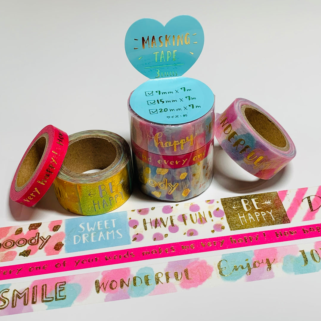 HAVE FUN BE HAPPY MOTIVATIONAL Mind Wave Gold Foil Washi Tape ~ 3 Roll Set