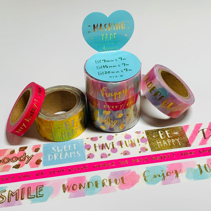 HAVE FUN BE HAPPY MOTIVATIONAL Mind Wave Gold Foil Washi Tape ~ 3 Roll Set