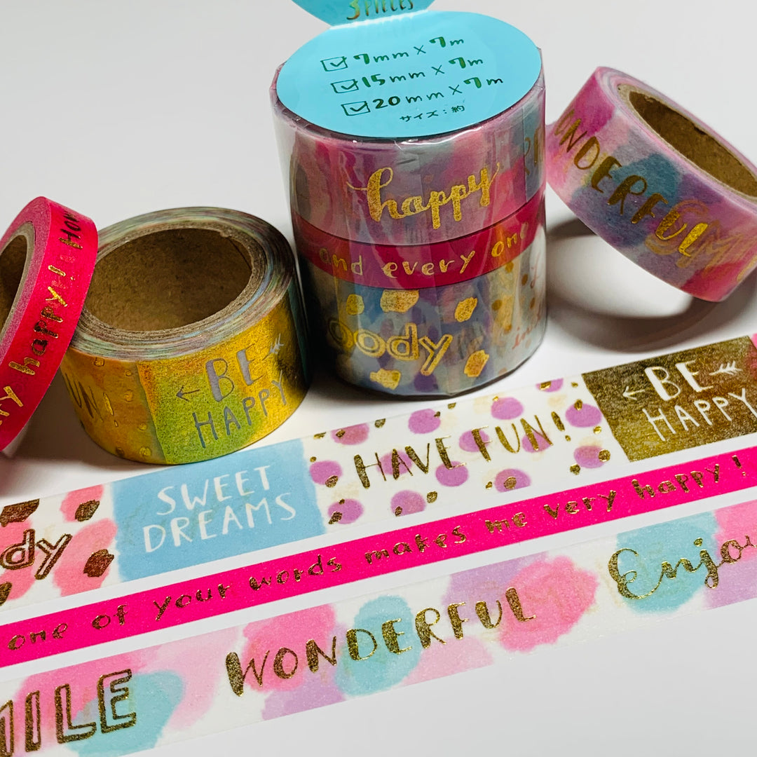 HAVE FUN BE HAPPY MOTIVATIONAL Mind Wave Gold Foil Washi Tape ~ 3 Roll Set