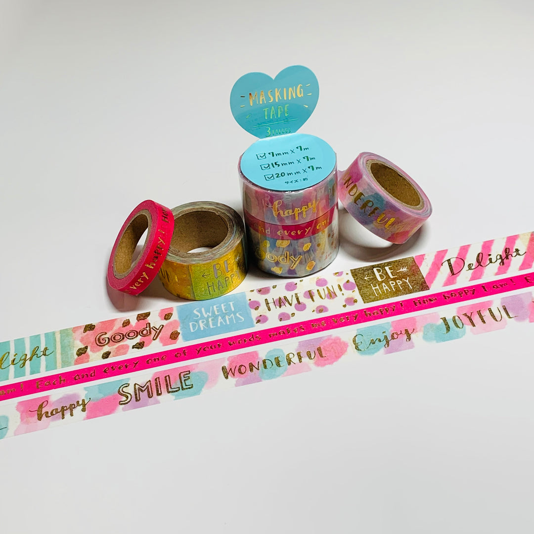 HAVE FUN BE HAPPY MOTIVATIONAL Mind Wave Gold Foil Washi Tape ~ 3 Roll Set