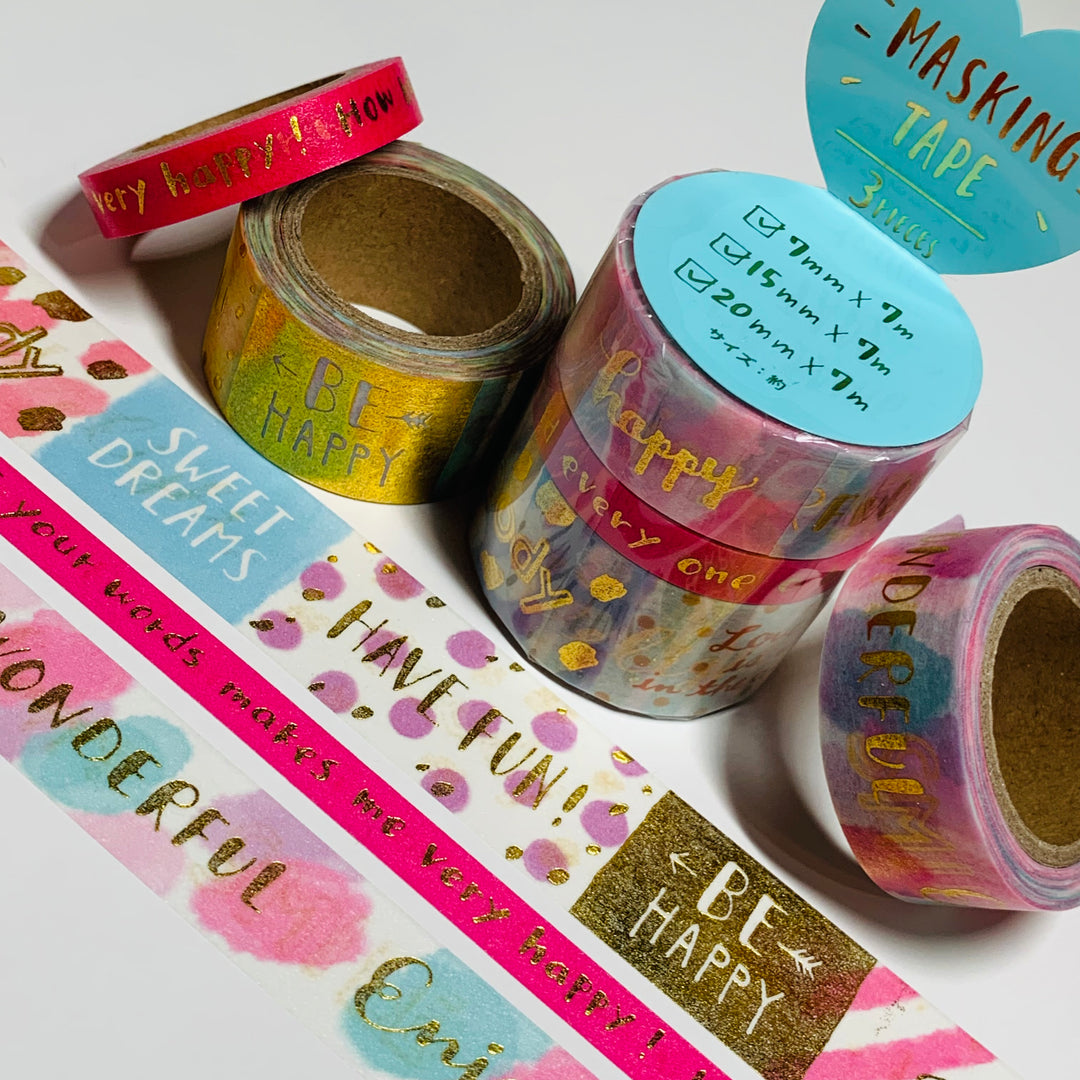 HAVE FUN BE HAPPY MOTIVATIONAL Mind Wave Gold Foil Washi Tape ~ 3 Roll Set