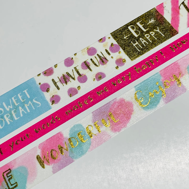 HAVE FUN BE HAPPY MOTIVATIONAL Mind Wave Gold Foil Washi Tape ~ 3 Roll Set