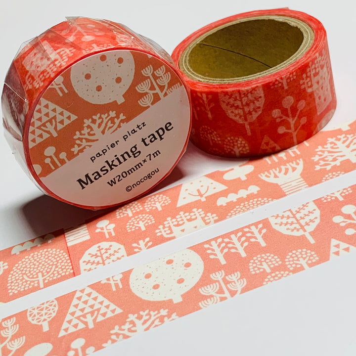 DOODLED TREE VARIETALS In SALMON Washi Tape Designed by Nocogou For Papier Platz ~ 1 Roll ~ 20mm x 7m (23 Feet)