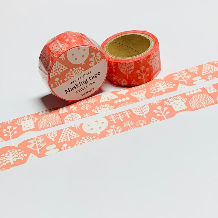 DOODLED TREE VARIETALS In SALMON Washi Tape Designed by Nocogou For Papier Platz ~ 1 Roll ~ 20mm x 7m (23 Feet)