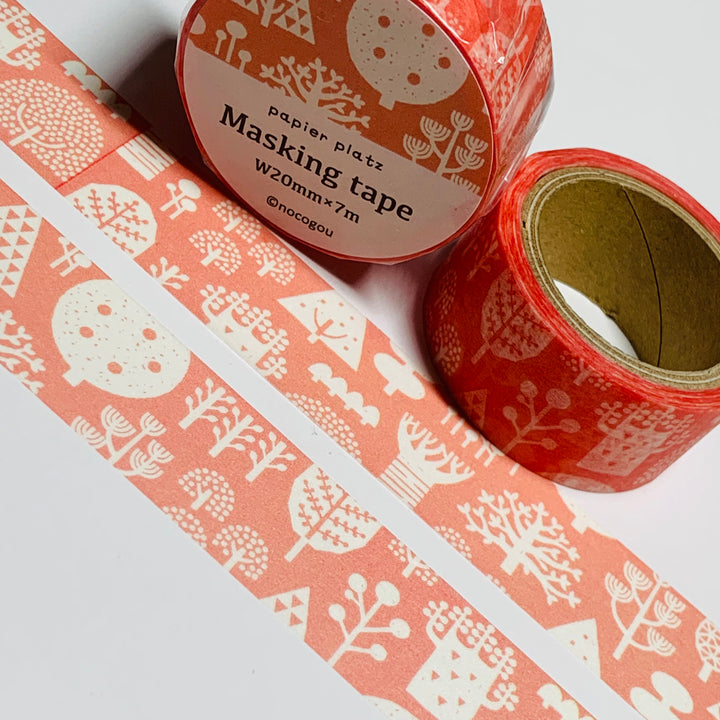 DOODLED TREE VARIETALS In SALMON Washi Tape Designed by Nocogou For Papier Platz ~ 1 Roll ~ 20mm x 7m (23 Feet)