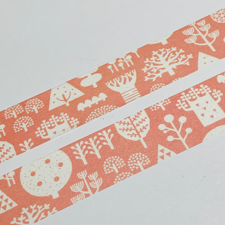 DOODLED TREE VARIETALS In SALMON Washi Tape Designed by Nocogou For Papier Platz ~ 1 Roll ~ 20mm x 7m (23 Feet)