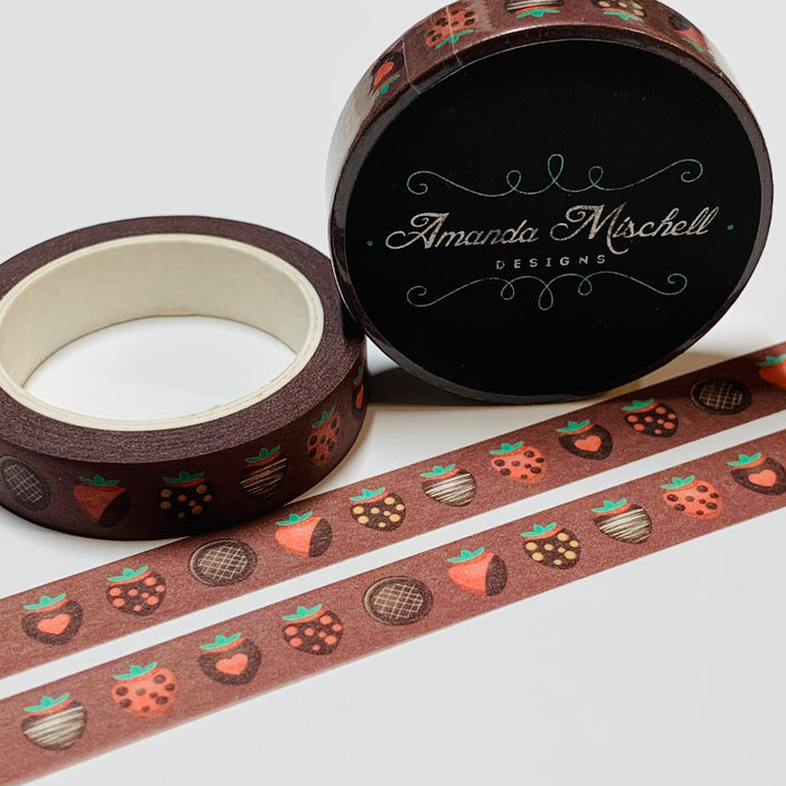 CHOCOLATE COVERED STRAWBERRIES Valentine Amanda Mischell Washi Tape ~ 1 Roll ~ 10mm x 10m (33 Feet)