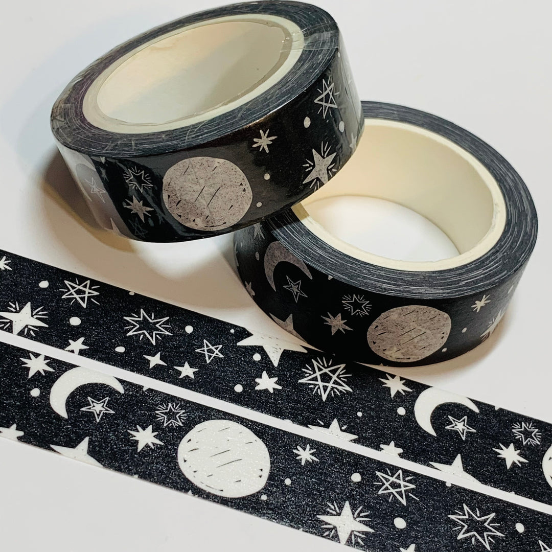 DOODLE MOON & STARS Black and White Washi Tape ~ 1 Roll ~ 15mm x 10m (33 Feet)