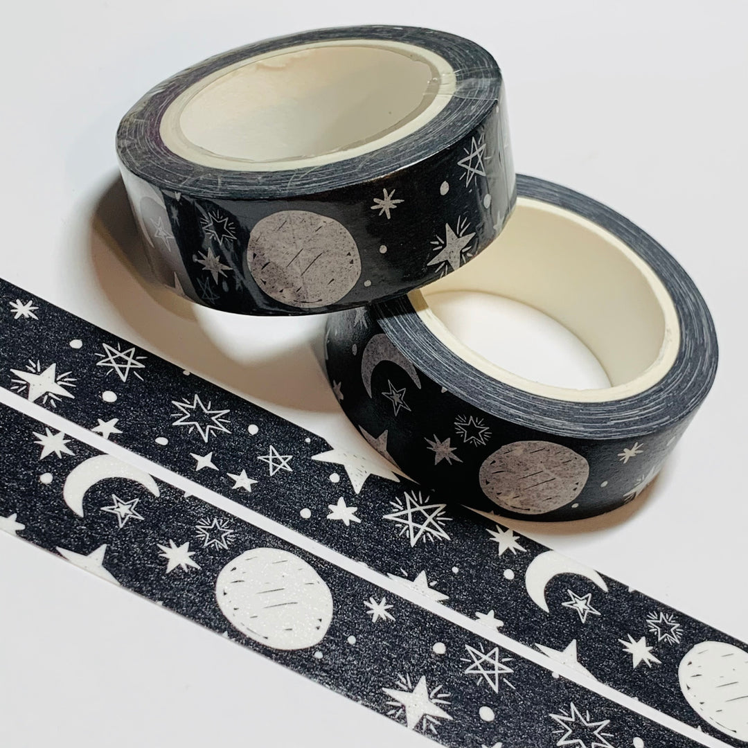 DOODLE MOON & STARS Black and White Washi Tape ~ 1 Roll ~ 15mm x 10m (33 Feet)