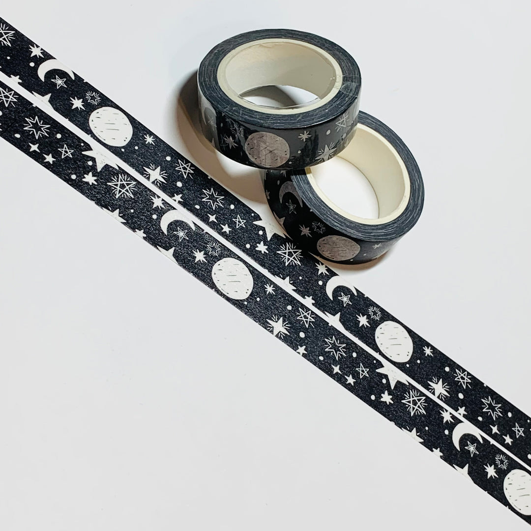 DOODLE MOON & STARS Black and White Washi Tape ~ 1 Roll ~ 15mm x 10m (33 Feet)