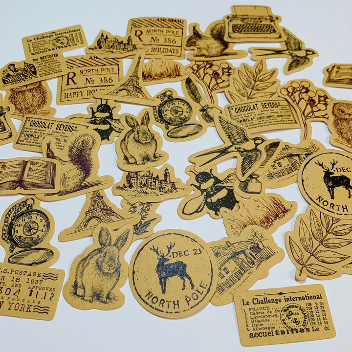 VINTAGE KRAFT EPHEMERA Peelable Stickers  ~ 46 Pieces ~ Each Sticker is 30-38mm