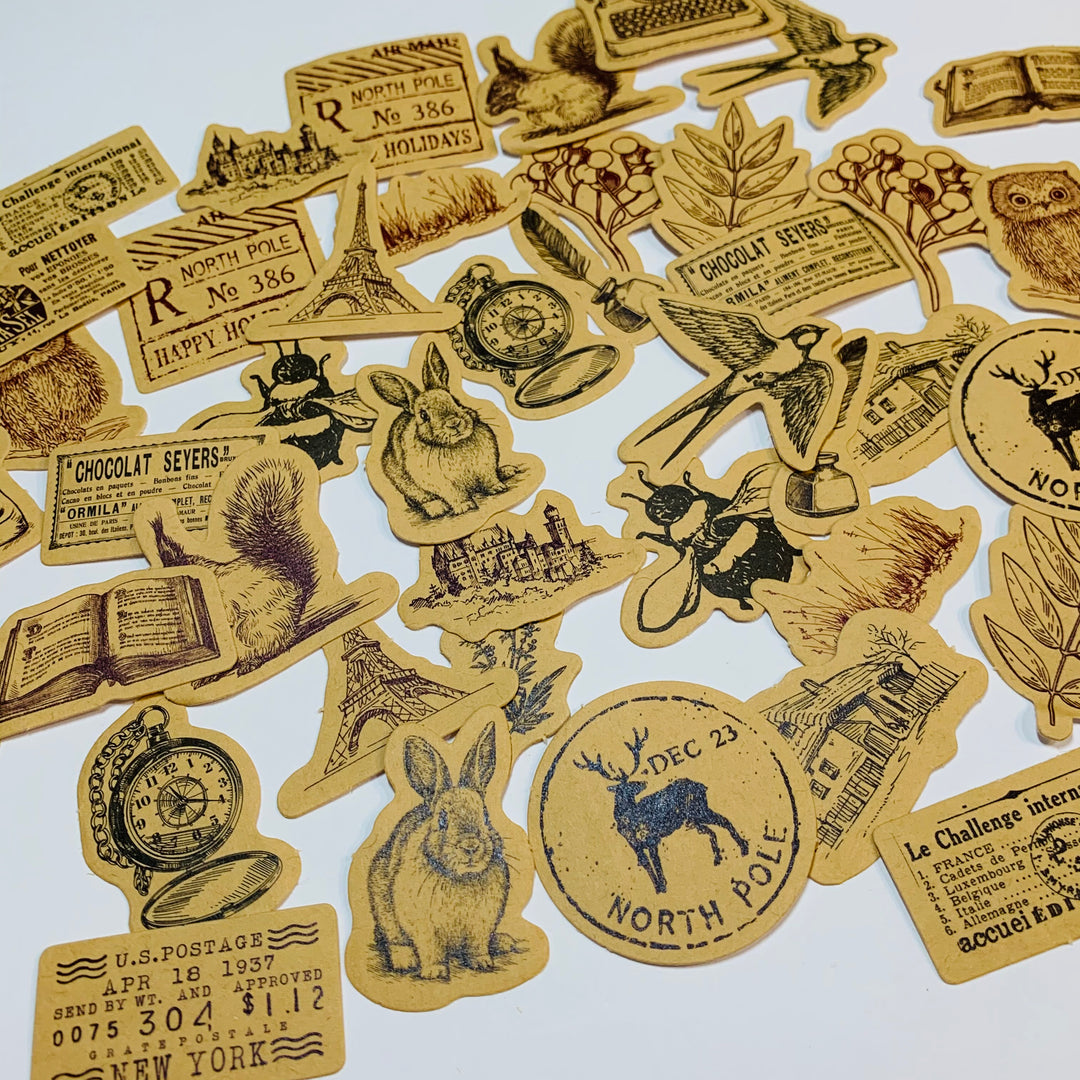 VINTAGE KRAFT EPHEMERA Peelable Stickers  ~ 46 Pieces ~ Each Sticker is 30-38mm