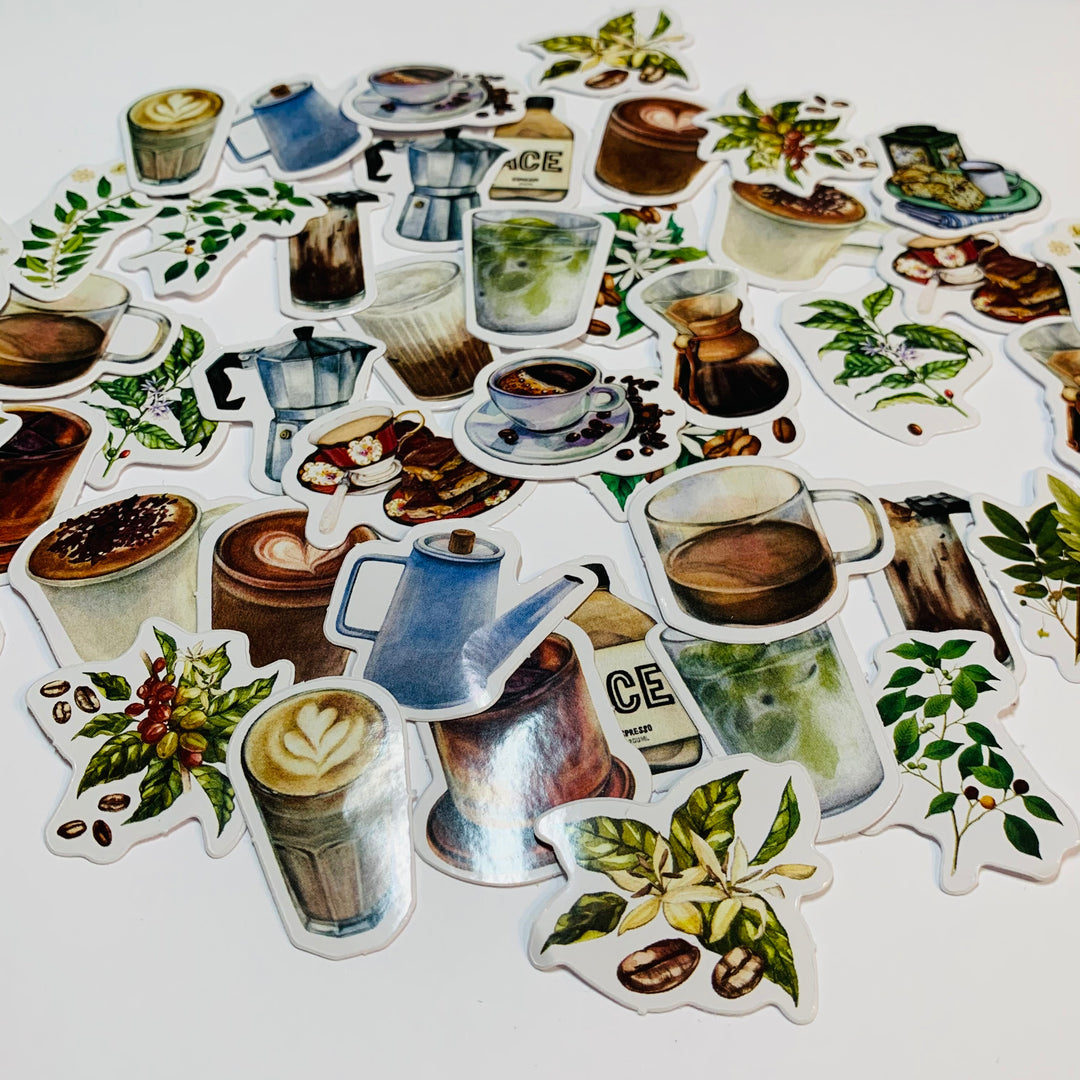 COFFEE BEAN PLANTS & Drinks Peelable Stickers  ~ 45 Pieces ~ Each Sticker is 38mm