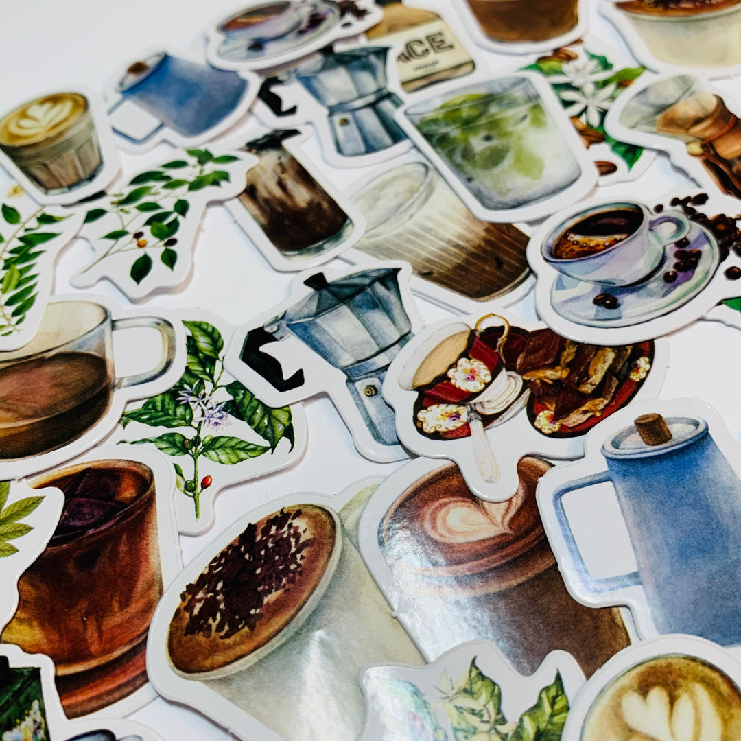 COFFEE BEAN PLANTS & Drinks Peelable Stickers  ~ 45 Pieces ~ Each Sticker is 38mm