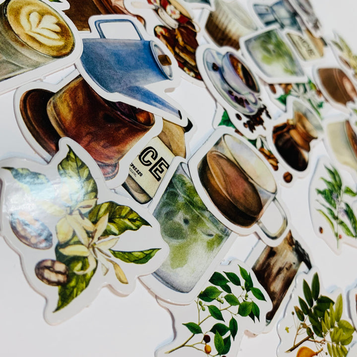 COFFEE BEAN PLANTS & Drinks Peelable Stickers  ~ 45 Pieces ~ Each Sticker is 38mm