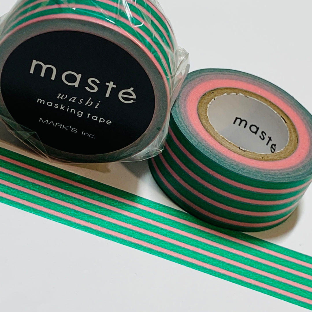 PINK & GREEN BORDER Stripes Retired Maste Washi Tape ~ 1 Roll ~ 15mm x 7m (23 Feet)