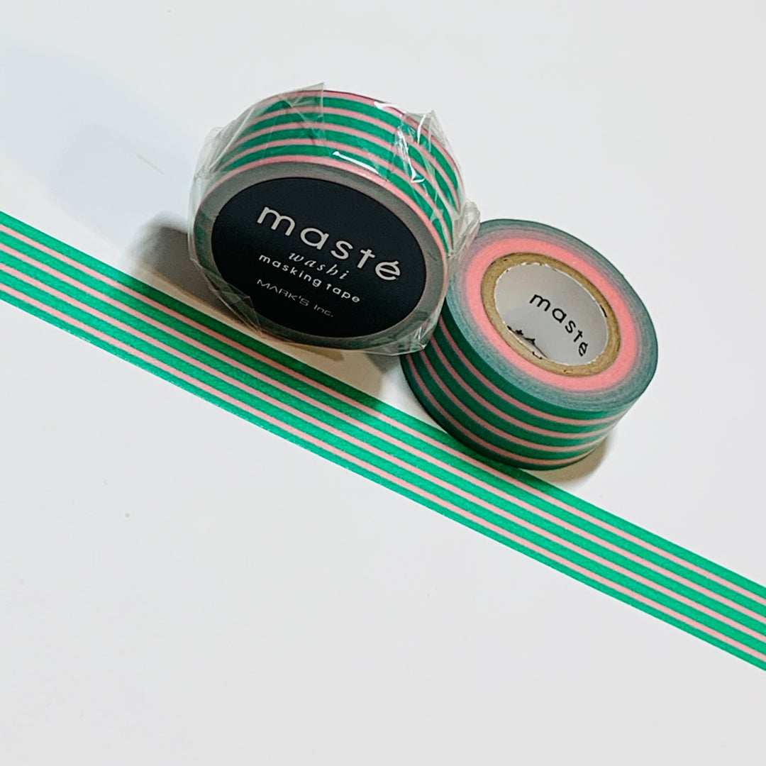 PINK & GREEN BORDER Stripes Retired Maste Washi Tape ~ 1 Roll ~ 15mm x 7m (23 Feet)