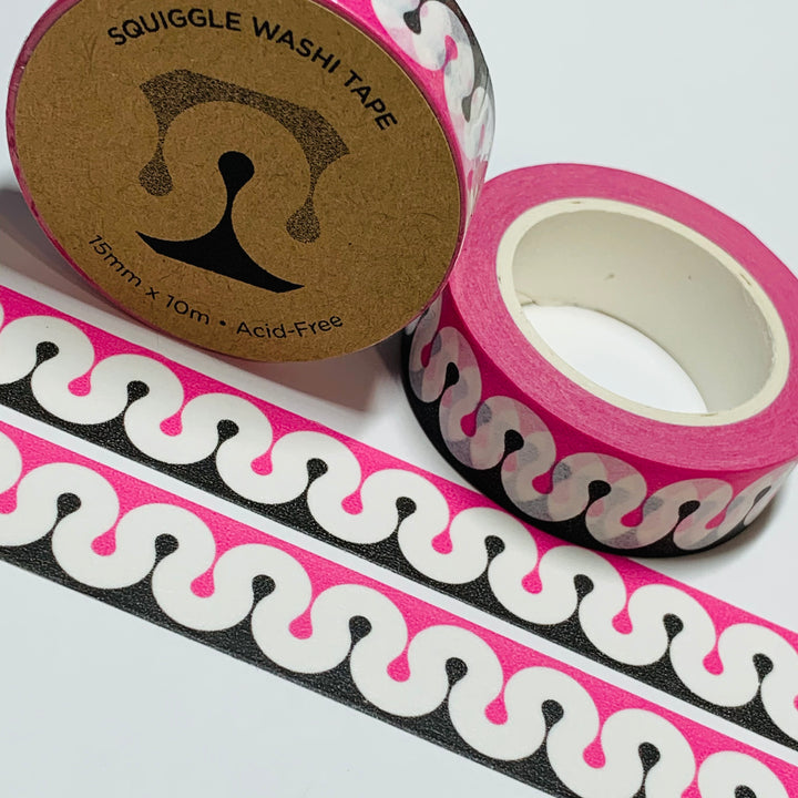 RETRO PINK & BLACK Squiggles Washi Tape ~ 1 Roll ~ 15mm x 10m (33 Feet)