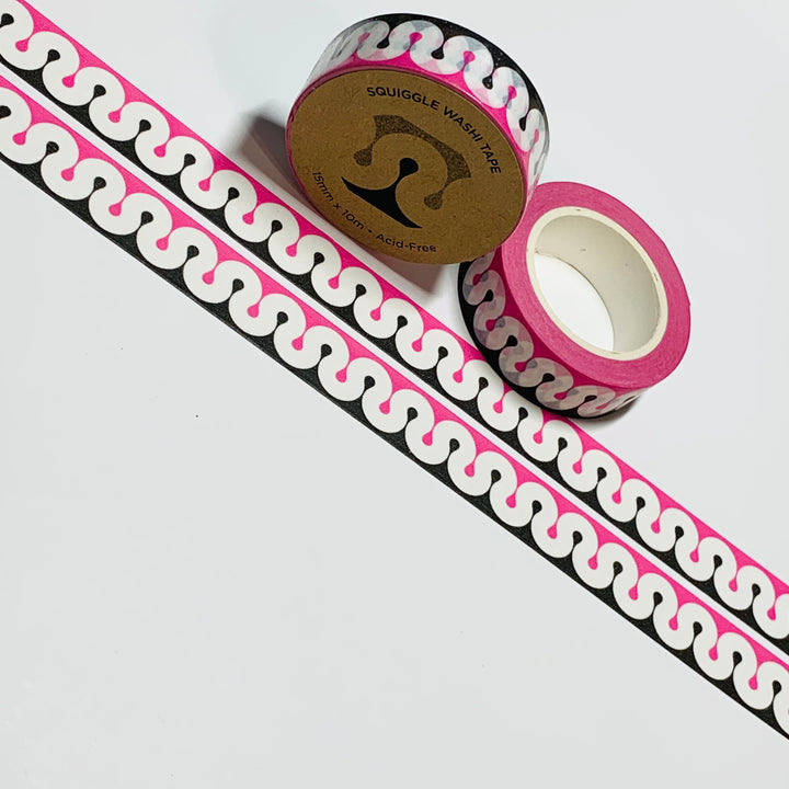 RETRO PINK & BLACK Squiggles Washi Tape ~ 1 Roll ~ 15mm x 10m (33 Feet)