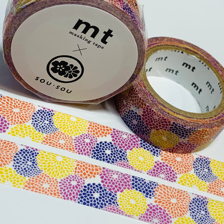 ZINNIAS In Full BLOOM Floral Sou Sou Mt Washi Tape - 1 Roll - 15mm x 7m (23 Feet)