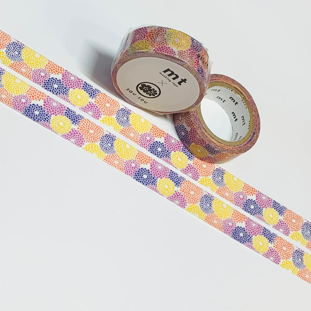 ZINNIAS In Full BLOOM Floral Sou Sou Mt Washi Tape - 1 Roll - 15mm x 7m (23 Feet)