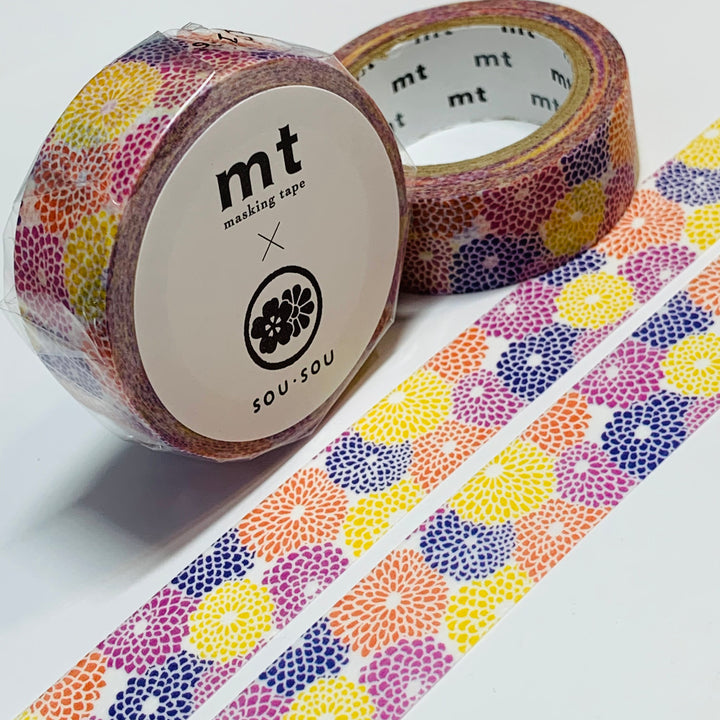 ZINNIAS In Full BLOOM Floral Sou Sou Mt Washi Tape - 1 Roll - 15mm x 7m (23 Feet)