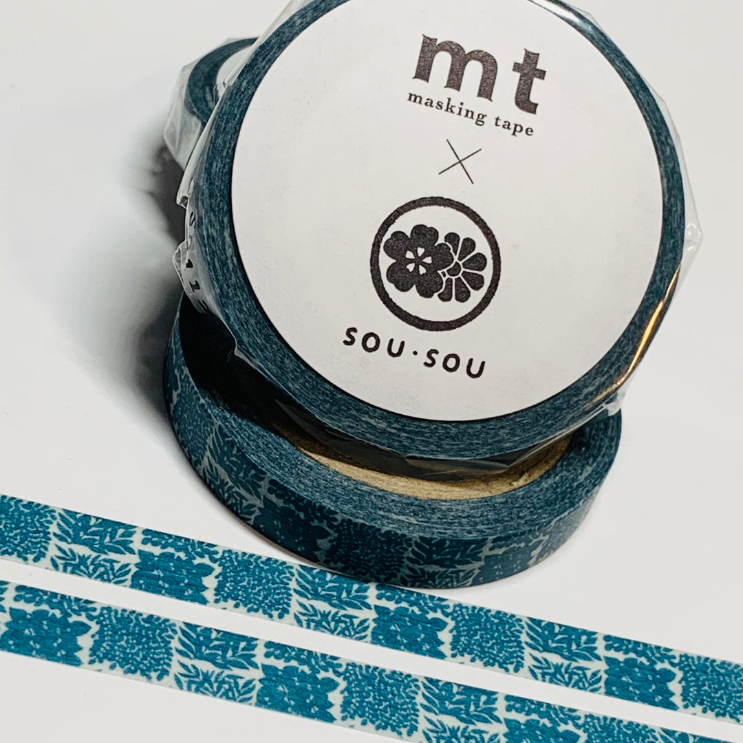 TEAL GARDEN PATCHES by Sou Sou Thin Mt Washi Tape ~ 1 Roll ~ 7mm x 7m (23 Feet)