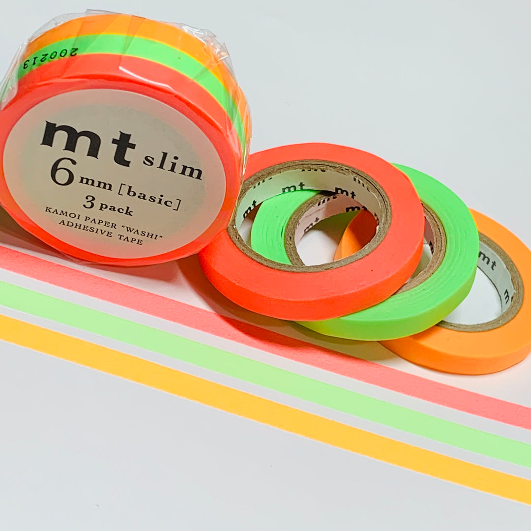 CLASSIC NEON ORANGE Pink and Green MT Washi Tape - 3 Rolls - 6mm x 10m x 3 (33 Feet Each)