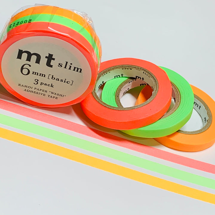 CLASSIC NEON ORANGE Pink and Green MT Washi Tape - 3 Rolls - 6mm x 10m x 3 (33 Feet Each)