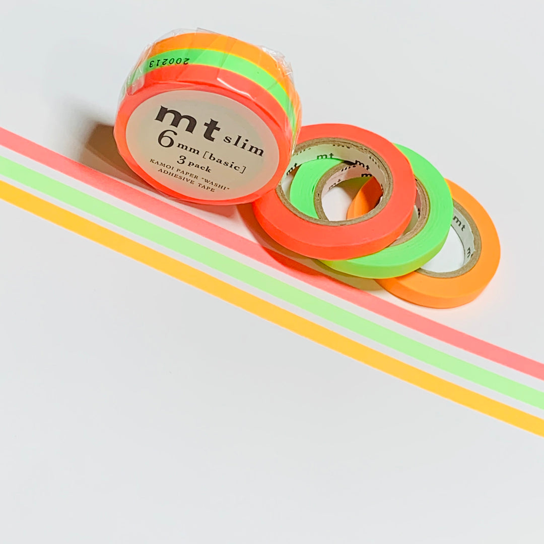 CLASSIC NEON ORANGE Pink and Green MT Washi Tape - 3 Rolls - 6mm x 10m x 3 (33 Feet Each)