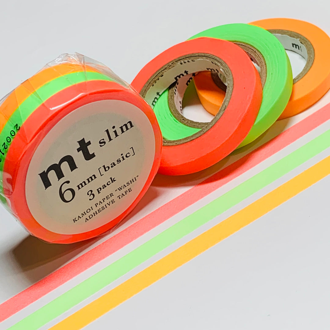 CLASSIC NEON ORANGE Pink and Green MT Washi Tape - 3 Rolls - 6mm x 10m x 3 (33 Feet Each)