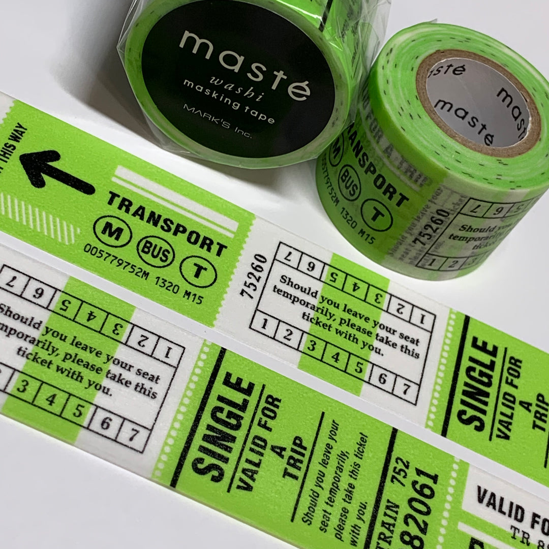 NEON LIME TRANSPORTATION Tickets Retired Maste Washi Tape ~ 1 Roll ~ 25mm x 7m (23 Feet)