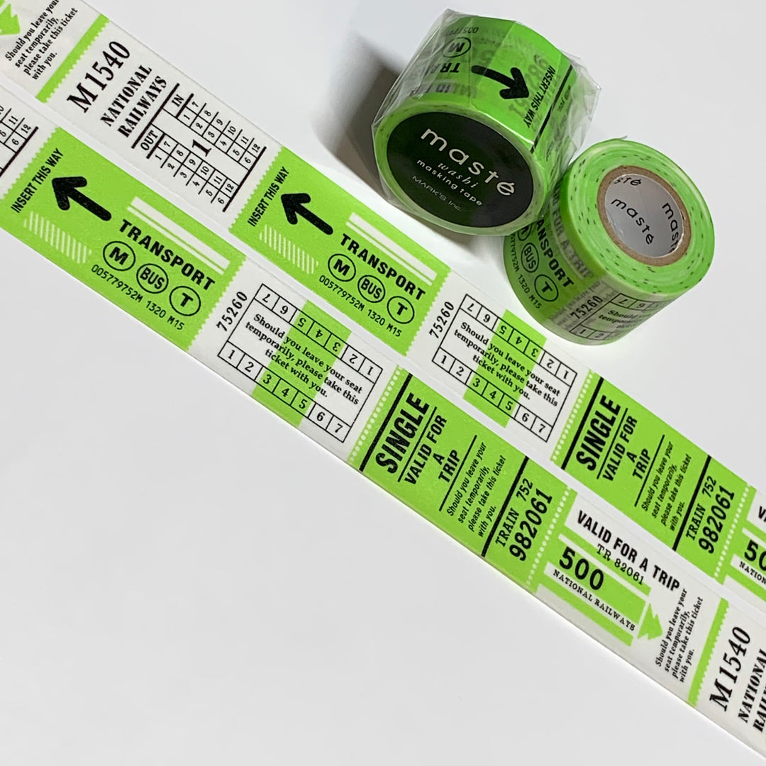 NEON LIME TRANSPORTATION Tickets Retired Maste Washi Tape ~ 1 Roll ~ 25mm x 7m (23 Feet)