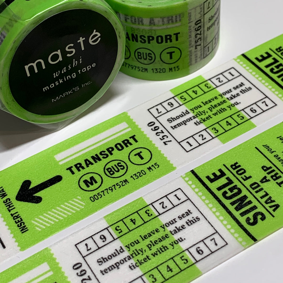 NEON LIME TRANSPORTATION Tickets Retired Maste Washi Tape ~ 1 Roll ~ 25mm x 7m (23 Feet)