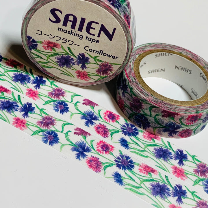 PINK & BLUE CORNFLOWERS Saien Masking Washi Tape ~ 1 Roll ~ 15mm x 10m (33 Feet)