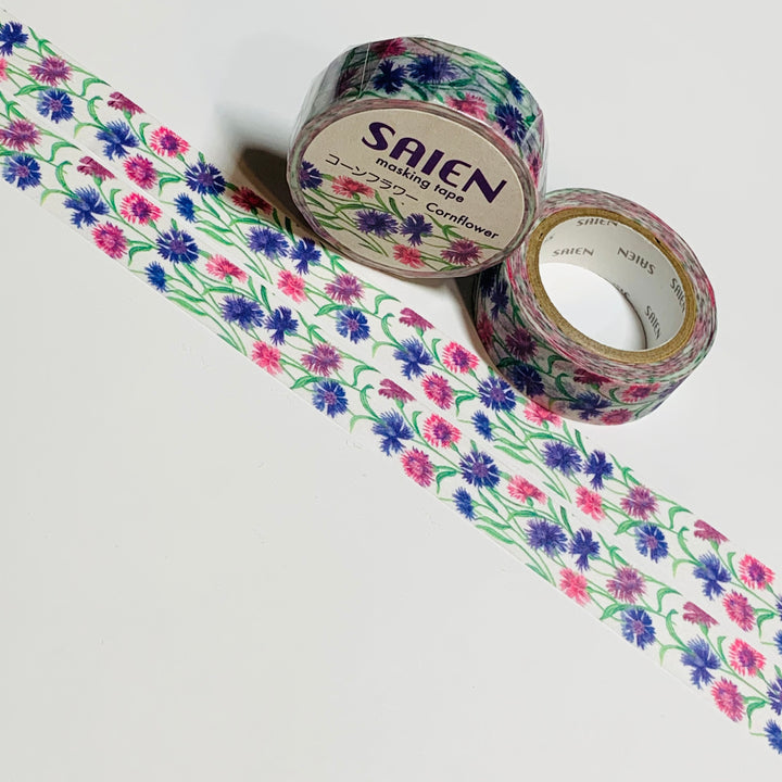 PINK & BLUE CORNFLOWERS Saien Masking Washi Tape ~ 1 Roll ~ 15mm x 10m (33 Feet)