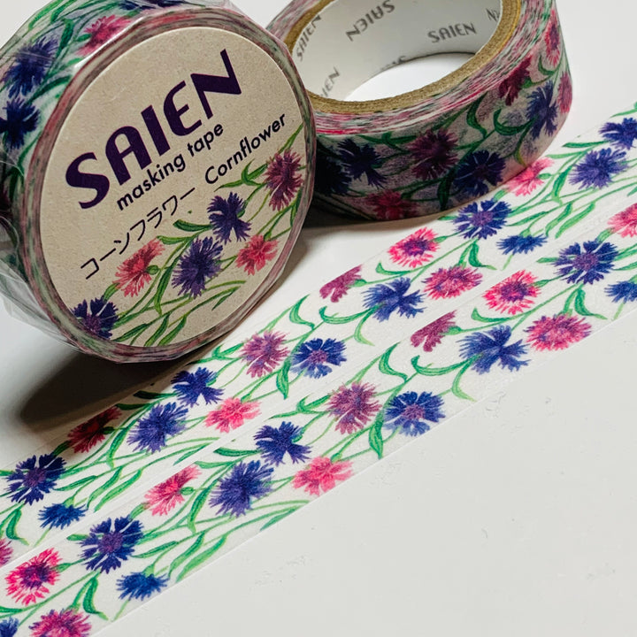 PINK & BLUE CORNFLOWERS Saien Masking Washi Tape ~ 1 Roll ~ 15mm x 10m (33 Feet)