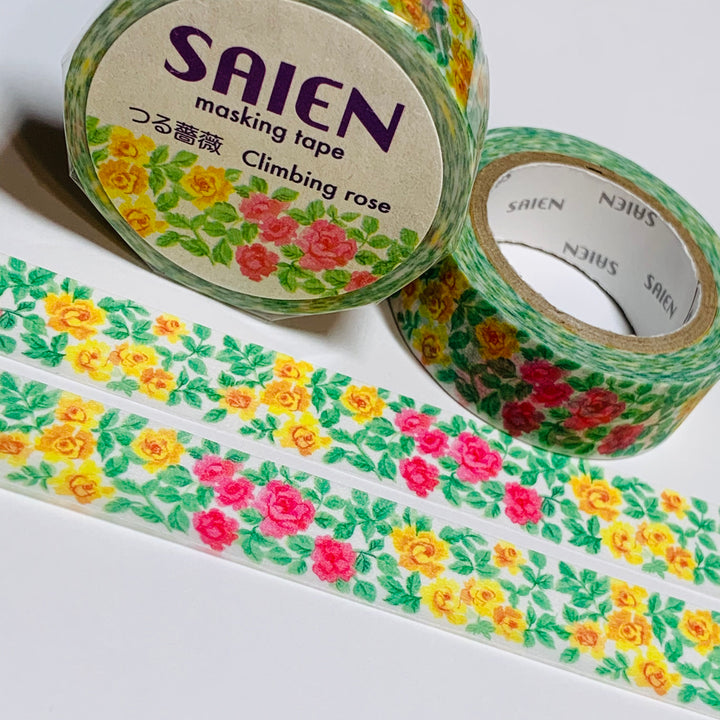 CLIMBING ROSES YELLOW & Red Saien Masking Washi Tape ~ 1 Roll ~ 15mm x 10m (33 Feet)