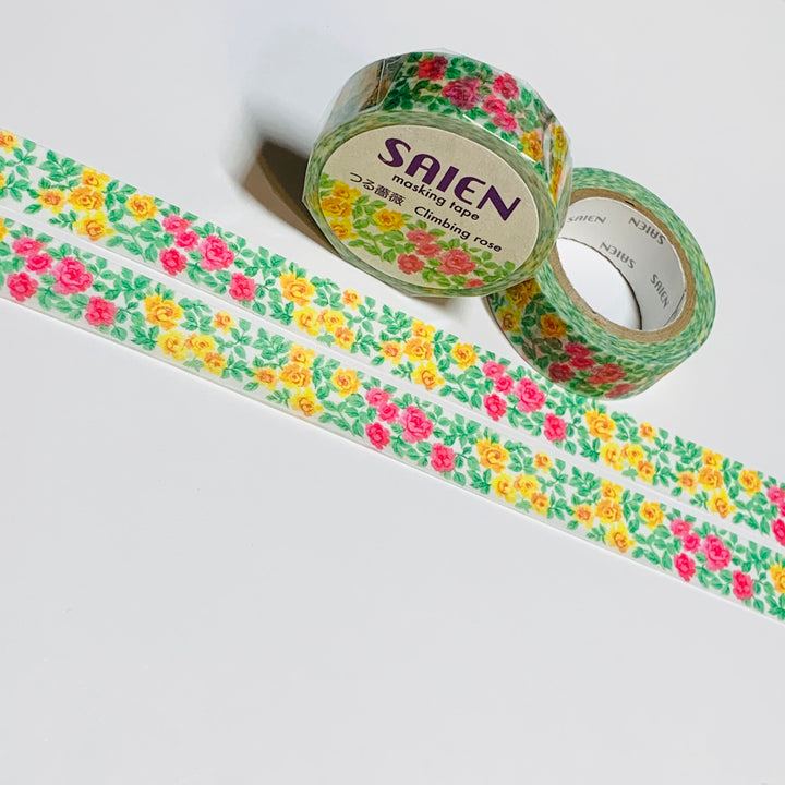 CLIMBING ROSES YELLOW & Red Saien Masking Washi Tape ~ 1 Roll ~ 15mm x 10m (33 Feet)