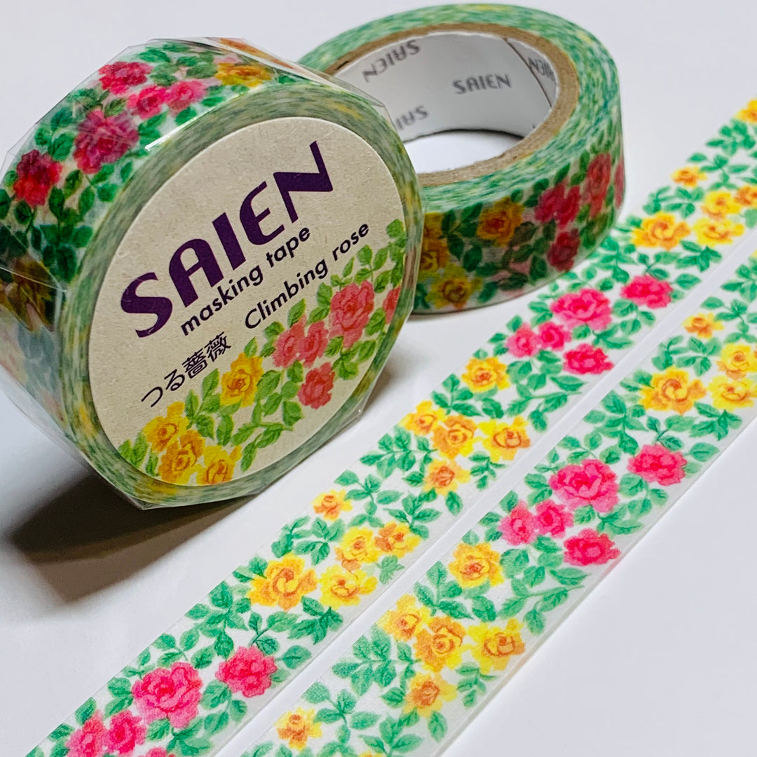 CLIMBING ROSES YELLOW & Red Saien Masking Washi Tape ~ 1 Roll ~ 15mm x 10m (33 Feet)